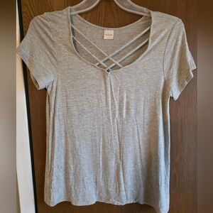 Kaileigh Heather Gray Short Sleeve Tee with Crisscross Neck